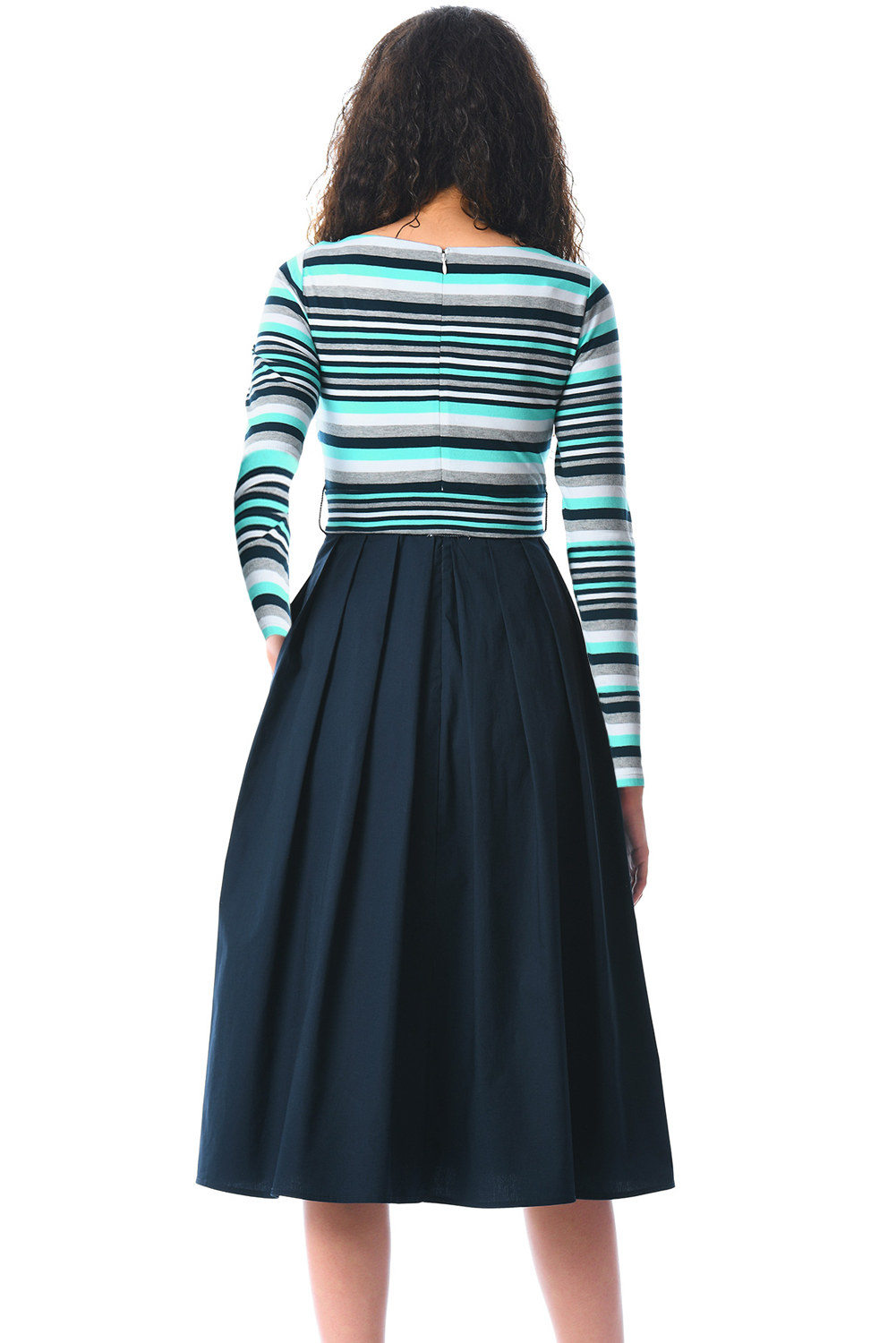BY610400-4 Navy  Striped Poplin Sash Tie Midi Dress
